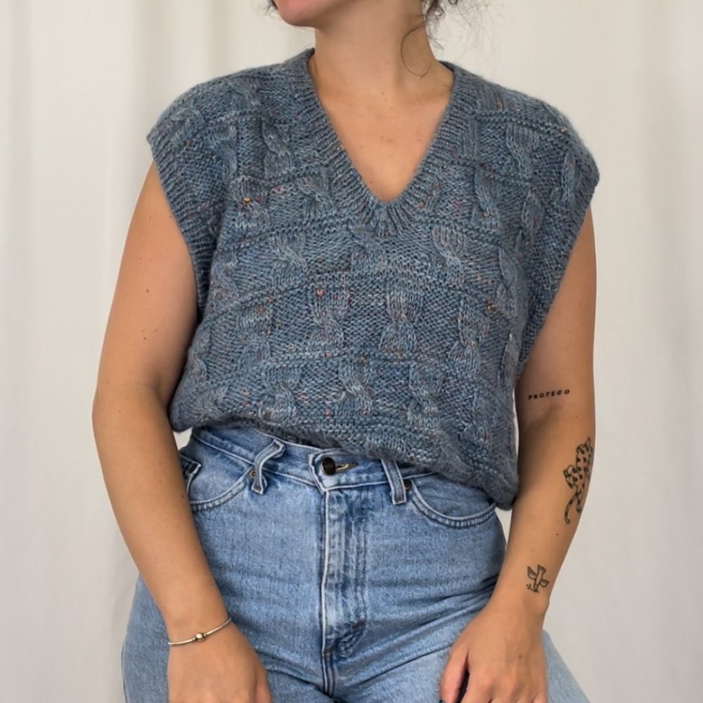 Vintage Blue Cable Knit V-Neck Sweater Vest